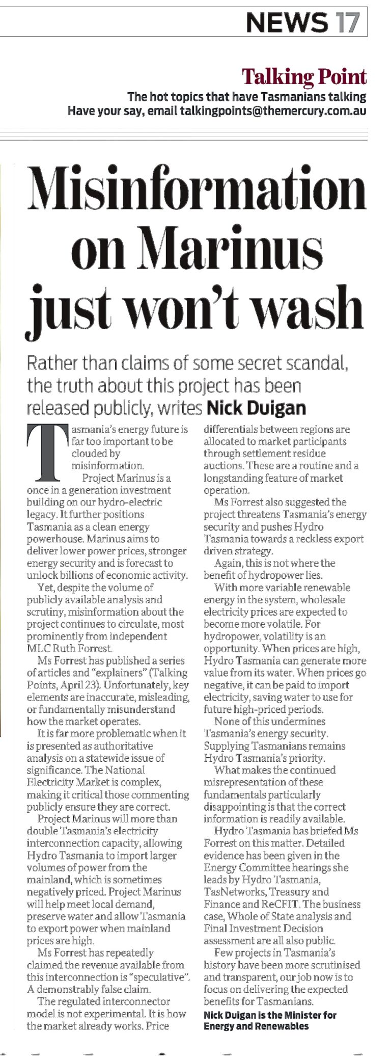 My Response to Minister Duigan’s opinion piece in The Mercury 29 April 2026